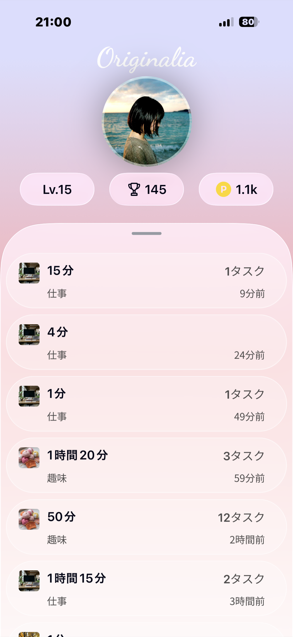 自分のプロフィール。全ルームの活動が自分のレベルに集約