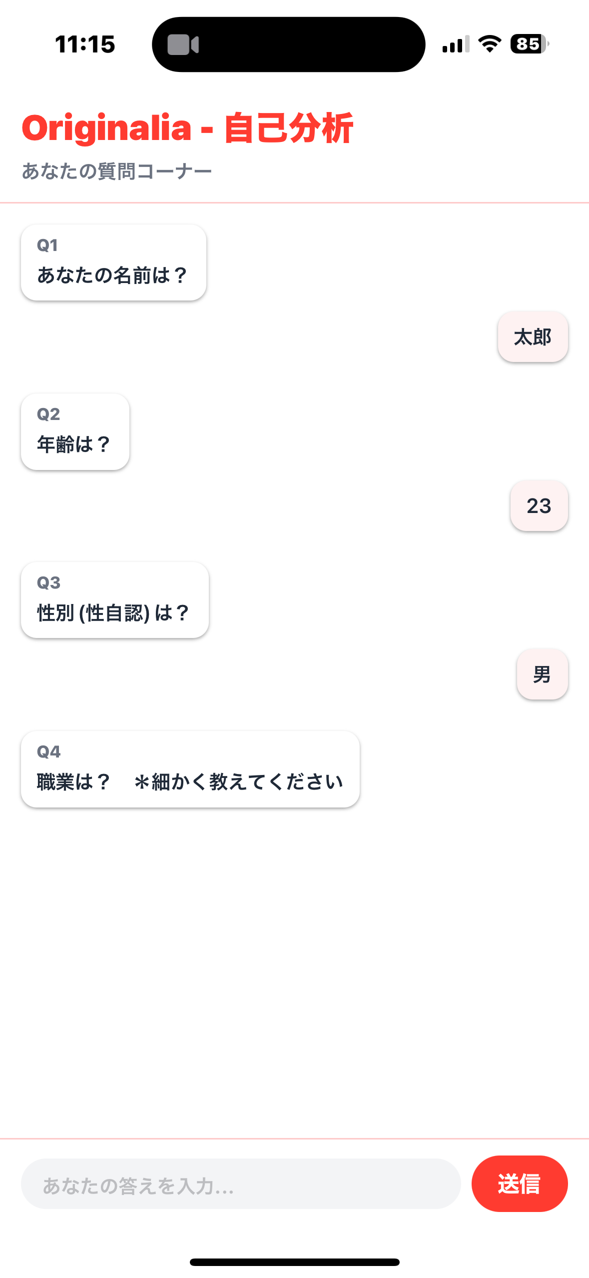 一問一答 質問コーナー。Q1 名前・Q2 年齢…とチャットで自己分析が進む
